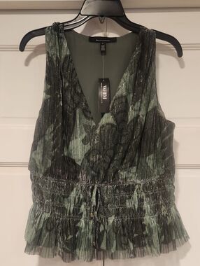 NWT - White House Black Market Olive Green Sleeveless Top with Shimmer Trim
